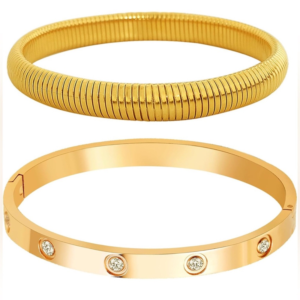 Set of 2 bracelets, Love bracelet, Gold snake bracelet